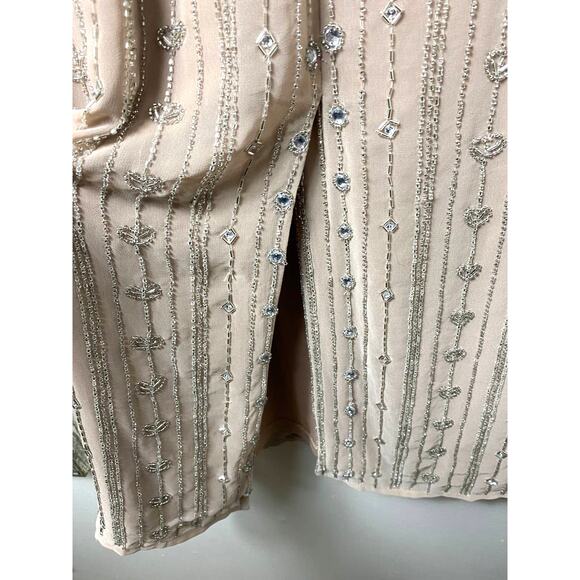 NWT Mac Duggal Dress 14 Beaded Rhinestone Column Mocha Tan Embellished Midi Glam - Picture 13 of 16